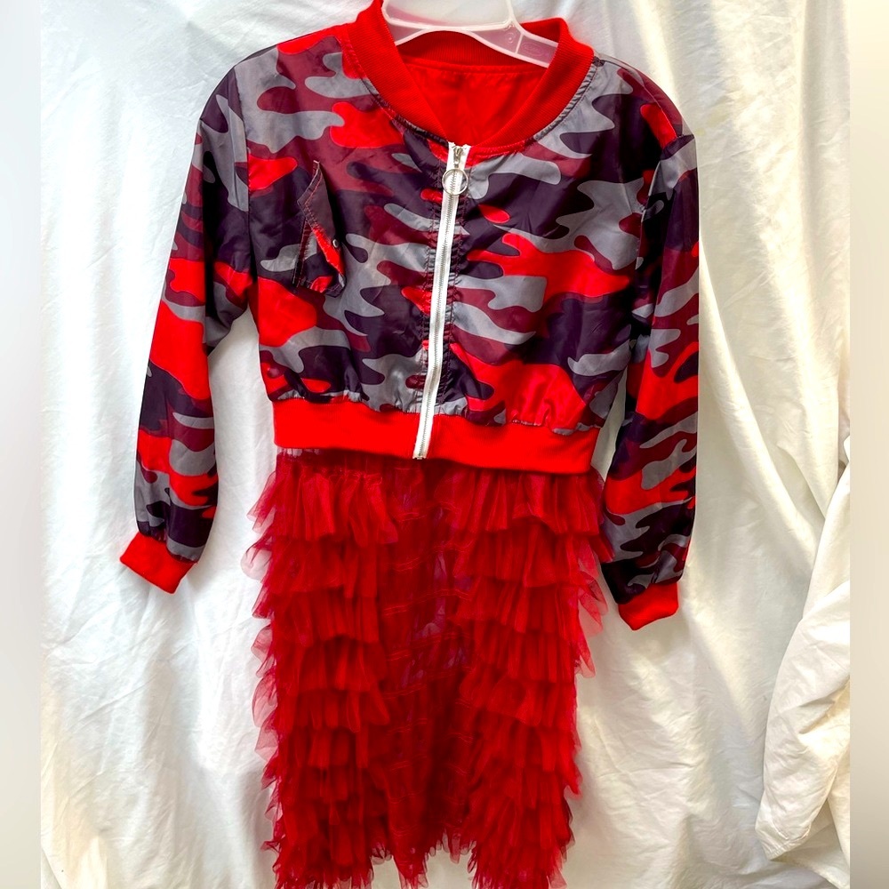 Red Camouflage Jacket with Ruffled Skirt ladies sz S